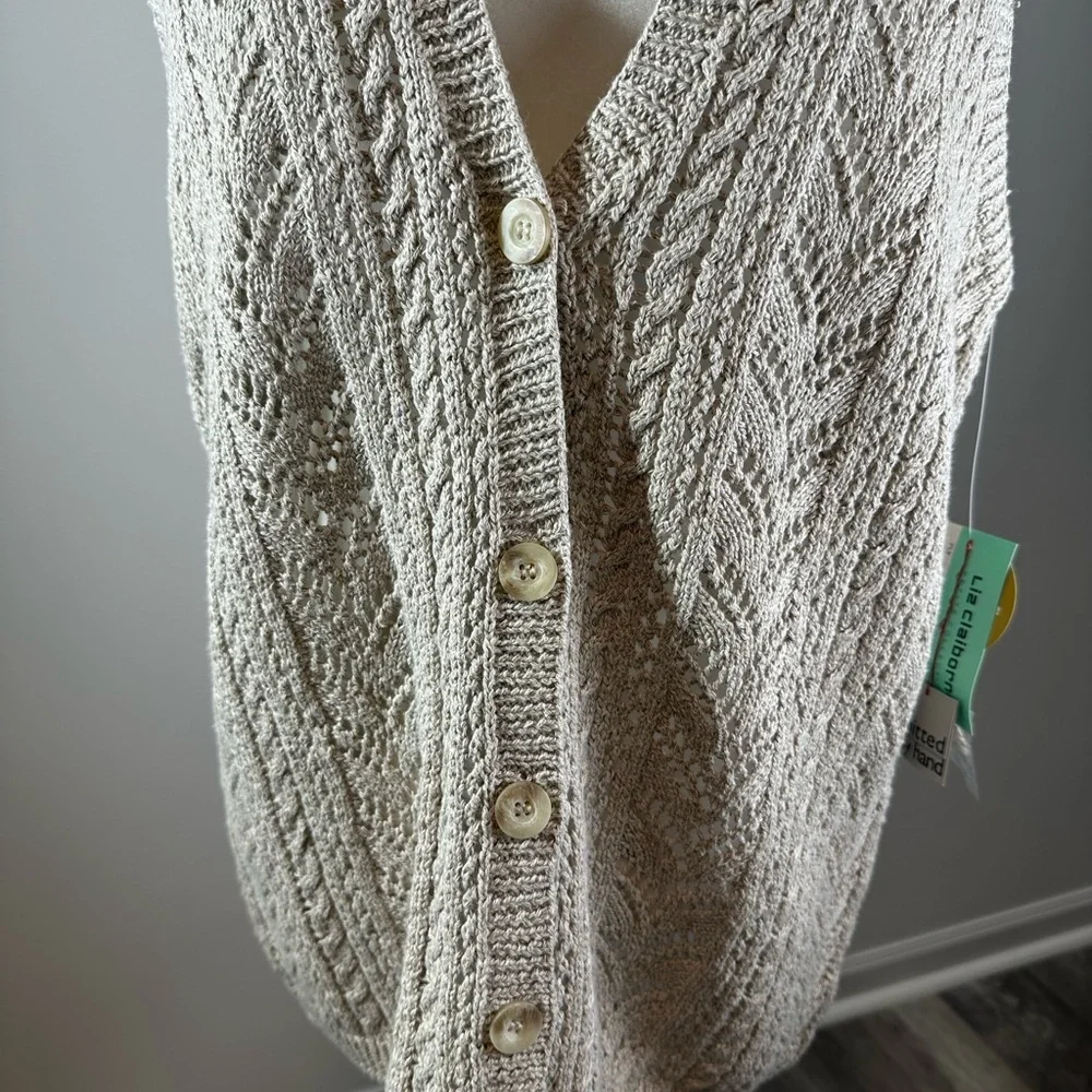 Liz Claiborne Petite M Knit Linen Cotton Button Vest Top Neutral Beige New - Picture 2 of 8
